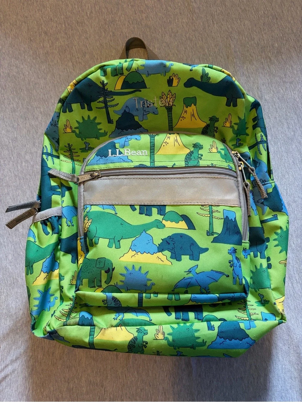 L.L. Bean Kids Dinosaur Print Small Backpack Green & Blue School Boy 16”x12”x4”